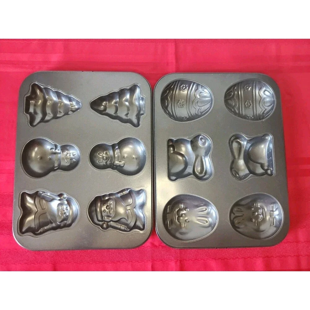 Set of 2 Holiday Mini Cake Baking Pans Christmas & Easter Nonstick 6 Cavity Mold
